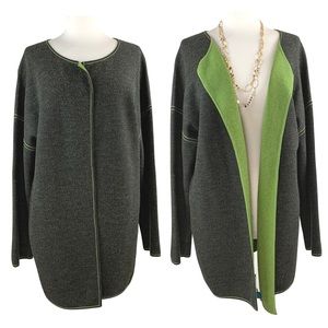 Newton Grey and Green 100% Wool Long Tunic Cardigan Sweater Retro size 1X